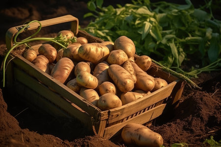 New potatoes in wooden crate over soil background.の素材