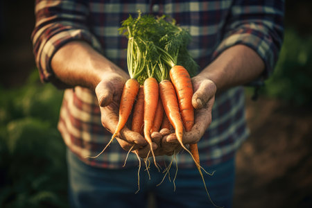 Farmer holding in his hand some carrots freshly picked from the ground.の素材
