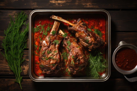 Homemade braised lamb shanks with sauce and herbs.の素材