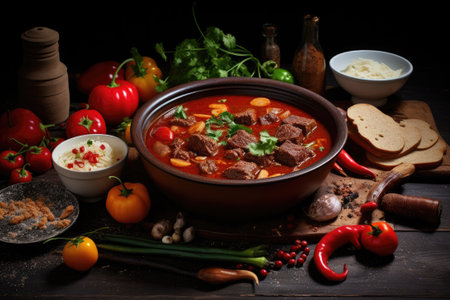 Beef goulash, soup and a stew, made of beef chuck steak, potatoes and plenty of paprika. Hungarian traditional mealの素材