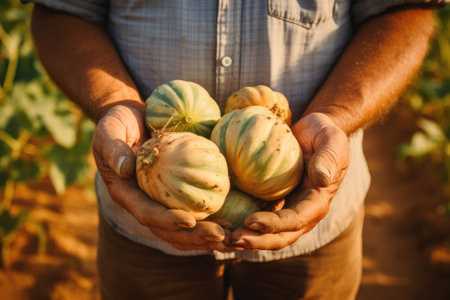 Farmer holding in his hand some pumpkins freshly picked from the ground.の素材