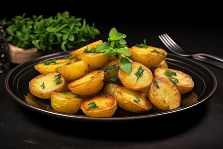 Roasted potatoes. Baked potato wedges with herbs and olive oilの素材