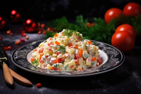 Festive olivier salad on the Christmas tableの素材