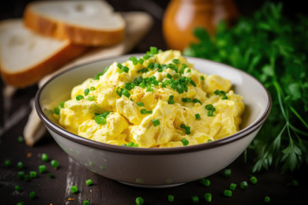 Egg salad with chopped green onions on top in a bowlの素材