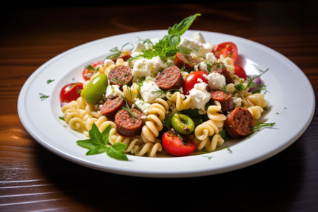 Salad with fusilli pasta, sausage, olives and cottage cheese. Italian foodの素材