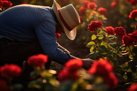 Gardener planting flowers in the ground.の素材