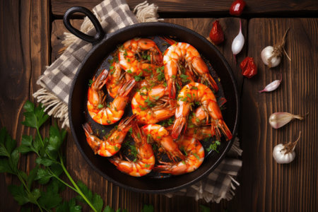 Spicy roasted shrimps in cast iron panの素材