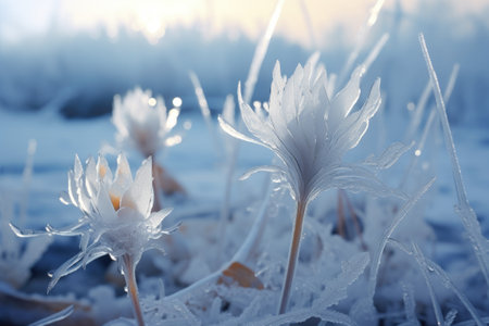 Winter scenery with frosty ice flowers, snow, and crystals.の素材