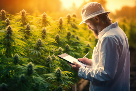 Cannabis cultivation and hemp oil Research concept. Medical marijuana plantation.の素材