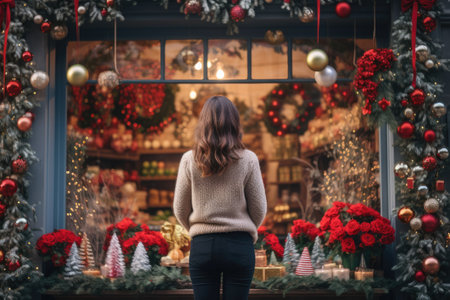 A female standing in front of a flower shop with colorful flowers and Christmas decorations.の素材