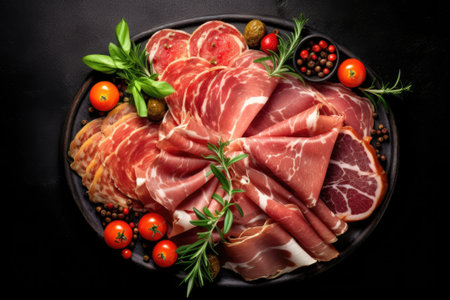 Cured meat platter of traditional tapas. Snacks food with ham, prosciutto, salami, chorizo sausageの素材