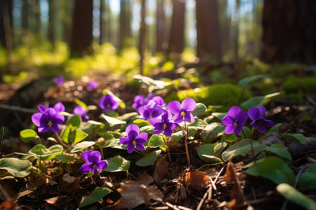 Purple violets in the forest in sunny weatherの素材