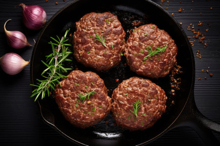 Organic beef hamburger patties with spices in a frying pan. Top view.の素材