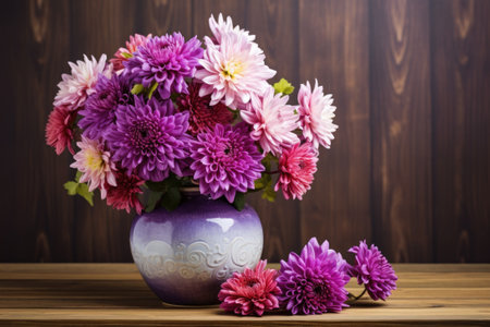 Beautiful autumnal bouquet in vase. Colorful dahliasの素材