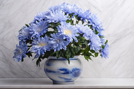 Beautiful bush of blue chrysanthemums in flower pot. Autumn flowers.の素材