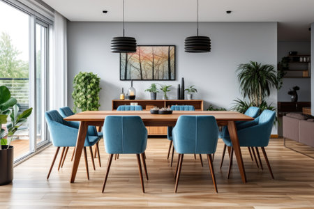 Dining room with wooden table and blue chairs.の素材