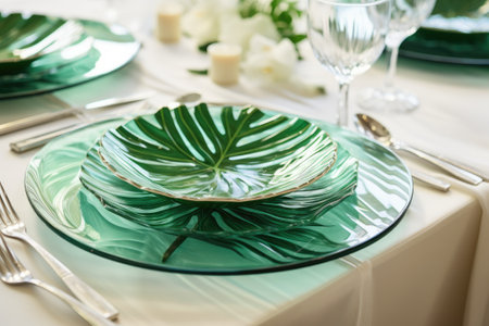 Laid festive table in a restaurant with luxury tableware set..の素材