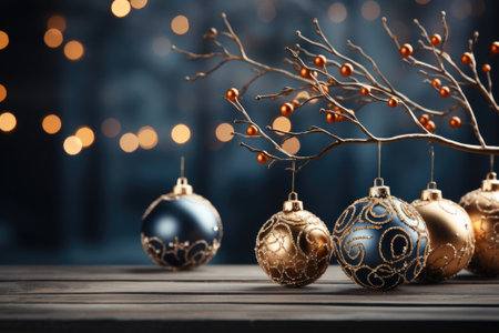 Christmas ornaments hanging in the treeの素材