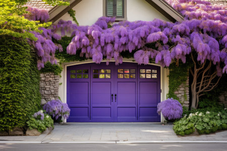 Garage door with a driveway in frontの素材