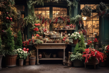 A flower shop with colorful flowers and Christmas decorations.の素材