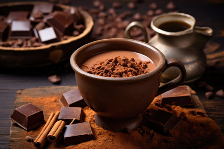 Chocolate with cocoa powder on a wooden table.の素材