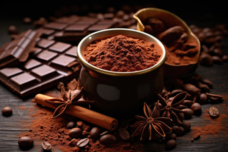 Chocolate with cocoa powder on a wooden table.の素材