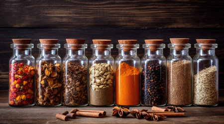 Assorted spices in glass jars. Home storage of spices.の素材