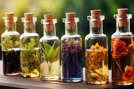 Bottles of tincture or infusion of healthy medicinal herbs and healing plants. Herbal medicine.の素材