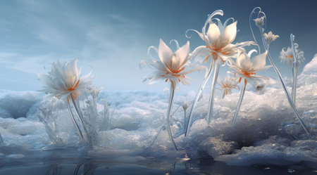 Winter scenery with frosty ice flowers, snow, and crystals.の素材