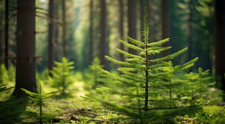 Young tree seedling in the wood in the morning light.の素材