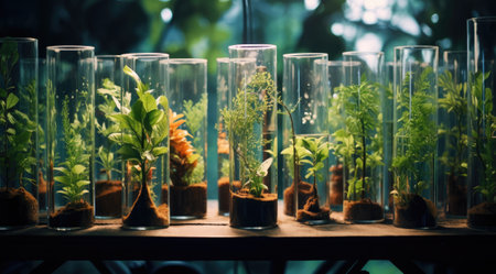 Many green plants in test tubes.の素材