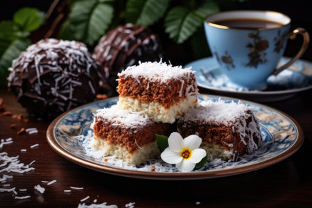 Lamingtons, sponge cake with chocolate and coconut.の素材