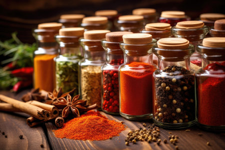 Assorted spices in glass jars. Home storage of spices.の素材
