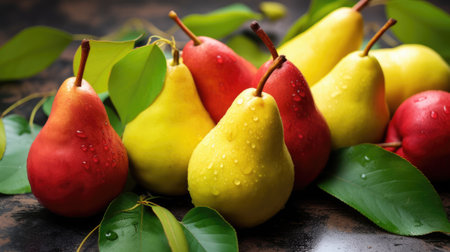 Ripe wet pears lying in a pile with green leaves. Harvesting, autumn.の素材