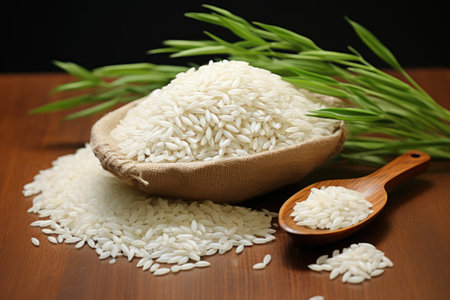 Raw rice grain and dry rice plant on wooden tableの素材