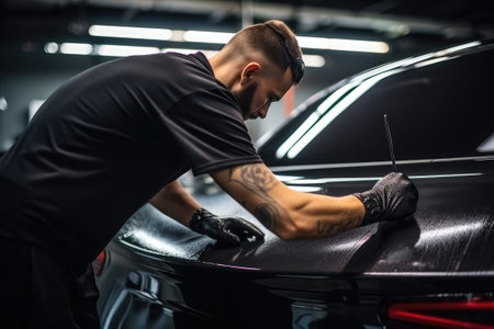 Worker cleaning car with microfiber cloth.の素材