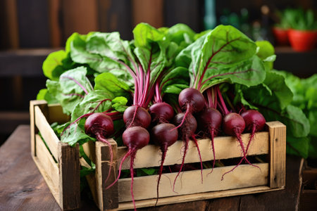Harvest of fresh young beets with tops on a wooden box.の素材