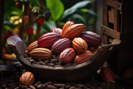 Cocoa beans and cocoa pod with cocoa powder on a wooden surface.の素材