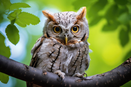 Portrait brown owl sitting on a tree branchの素材
