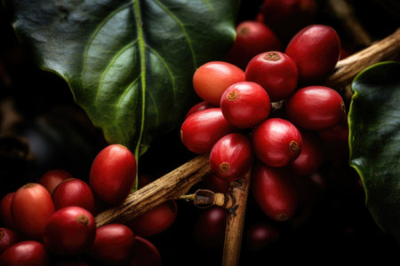 Close up fresh organic red raw and ripe coffee cherry beans on tree plantationの素材
