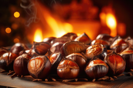 Roasted chestnuts in a pan on a wooden backgroundの素材