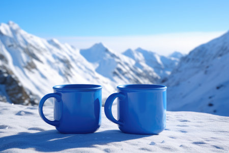 Two cups of coffee and the snow-capped mountain rangeの素材