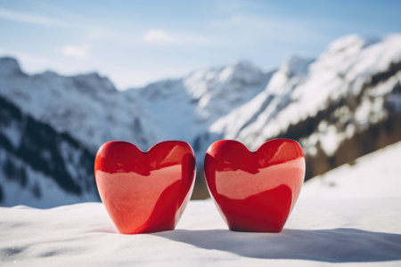 Two ceramic hearts and the snow-capped mountain rangeの素材