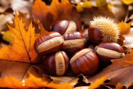 Brown chestnuts laying on a layer of dry brown fallen leaves.の素材
