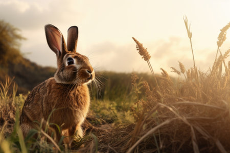 Brown rabbit standing in field.の素材