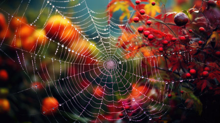 Close-up of a cobweb. The image captures details of nature during the fall season.の素材
