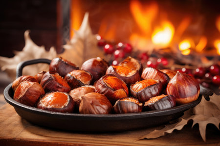 Roasted chestnuts in a pan on a wooden backgroundの素材