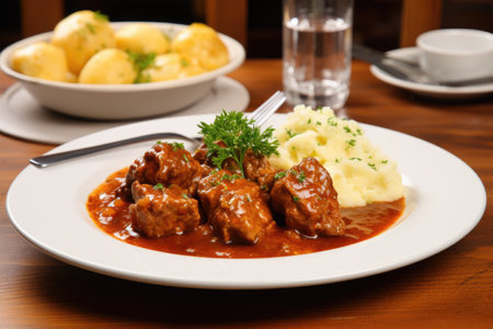 Beef goulash stew with mashed potatoes.の素材