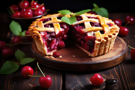 Sliced delicious cherry pie on wooden boardの素材