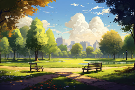 Trees in park in springtime. Illustrationの素材